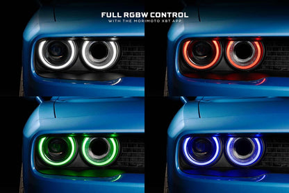 Morimoto XRGB LF495 headlights installed on Dodge Challenger showing white, red, green, and blue RGB DRL colors