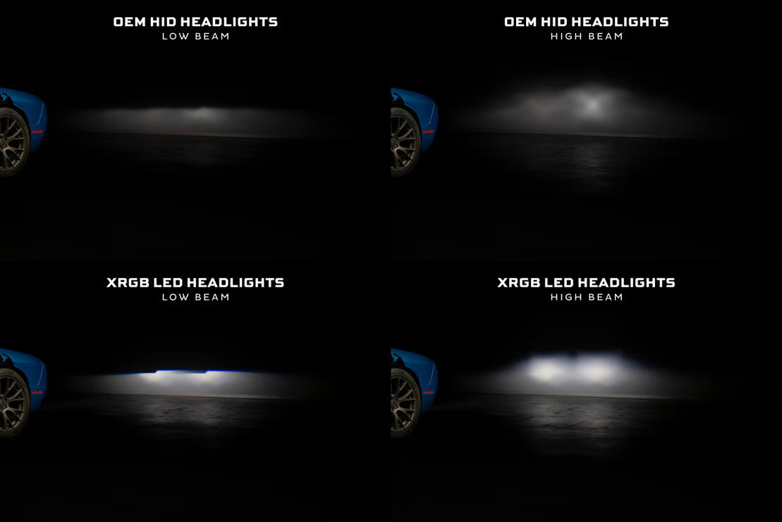 Morimoto XRGB LF495 LED headlights compared with OEM Dodge Challenger headlights