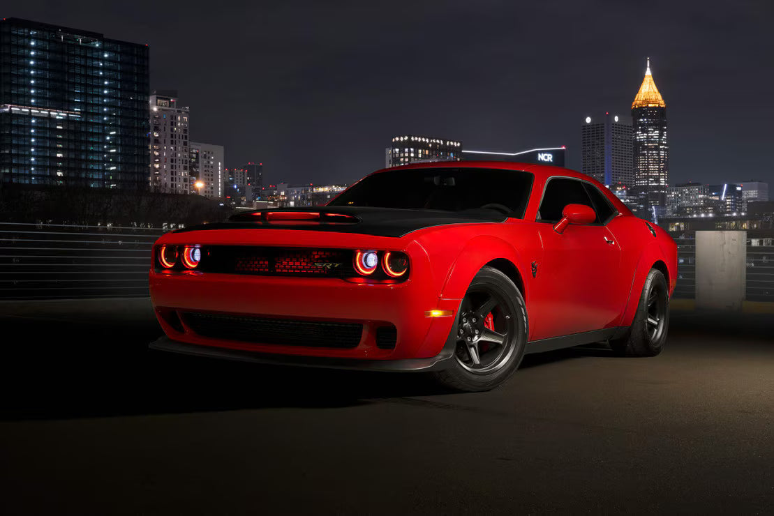Dodge Challenger front view with Morimoto XRGB LF495 headlights and amber daytime running lights