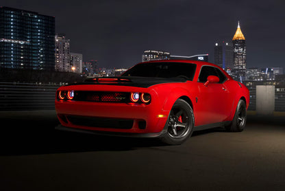 Dodge Challenger front view with Morimoto XRGB LF495 headlights and amber daytime running lights