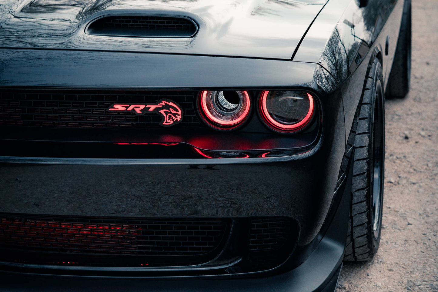Morimoto XRGB LF495 multicolor headlights installed on Dodge Challenger nighttime front view