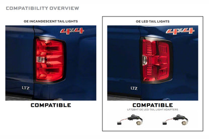 Morimoto LF728HT XB LED tail light adapter compatibility guide showing OEM incandescent tail lights not compatible and OEM LED tail lights compatible for Silverado and Sierra trucks