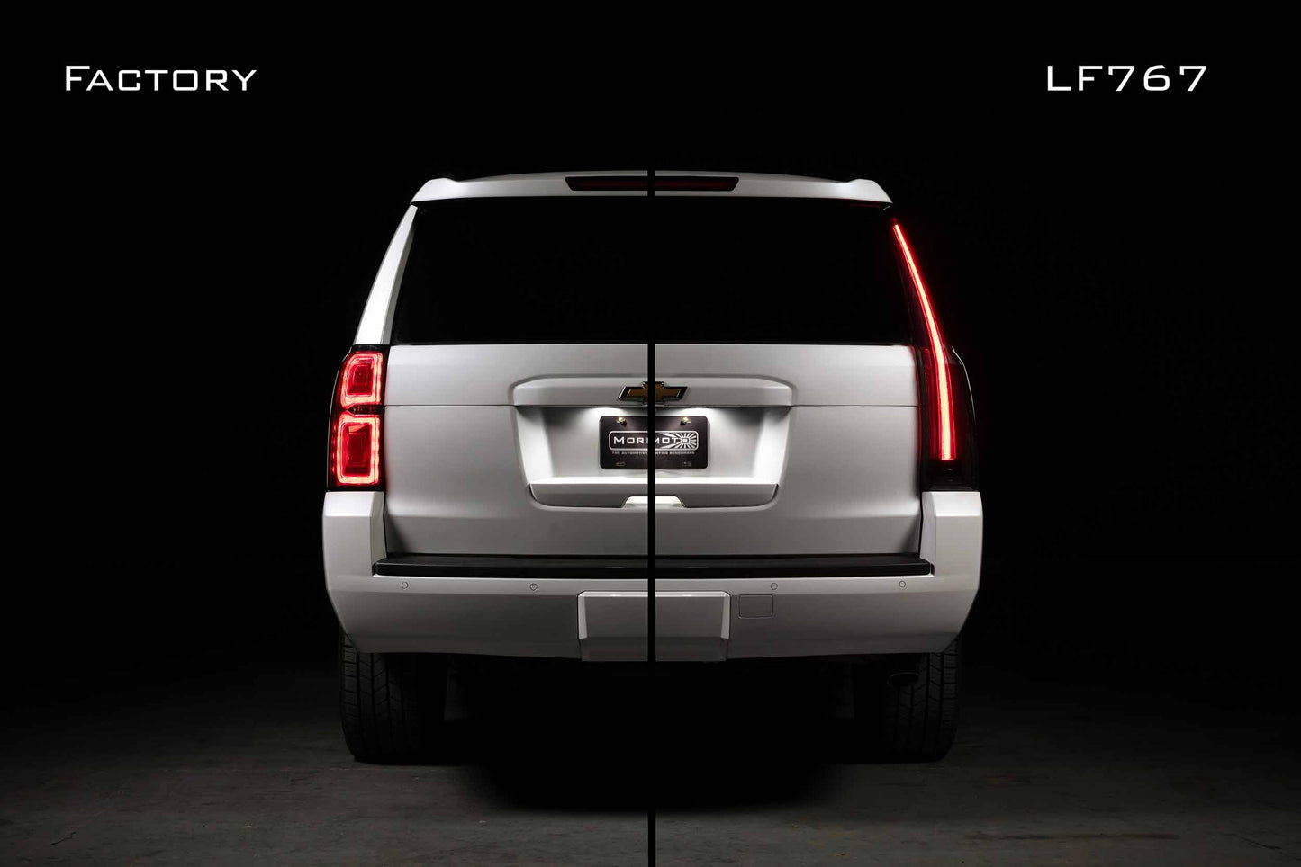 Morimoto LF767 smoked LED tail lights for 2015-2020 Chevrolet Tahoe and Suburban comared to factor oem tail lights shown