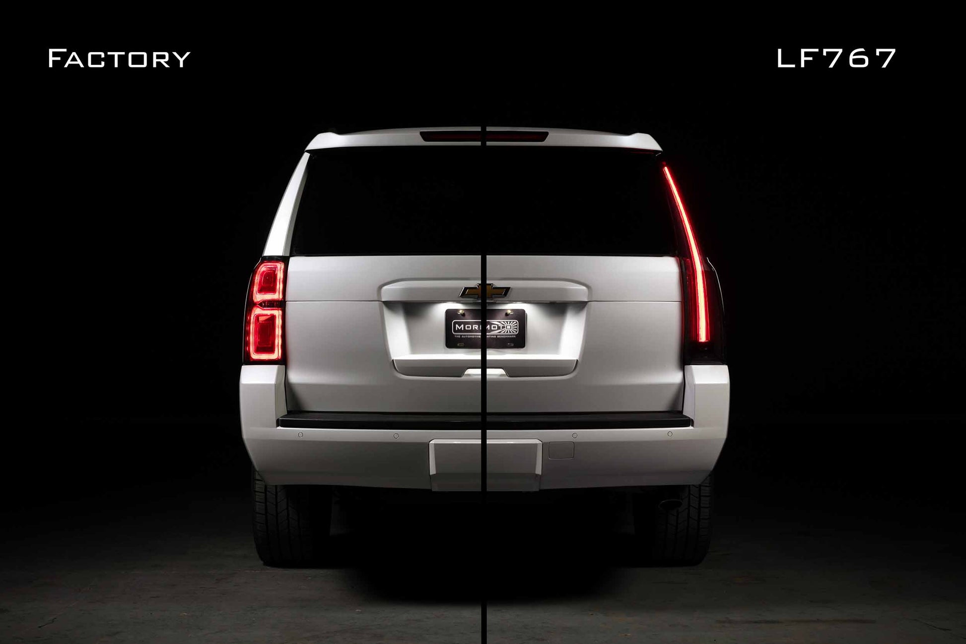 Morimoto LF767 smoked LED tail lights for 2015-2020 Chevrolet Tahoe and Suburban comared to factor oem tail lights shown