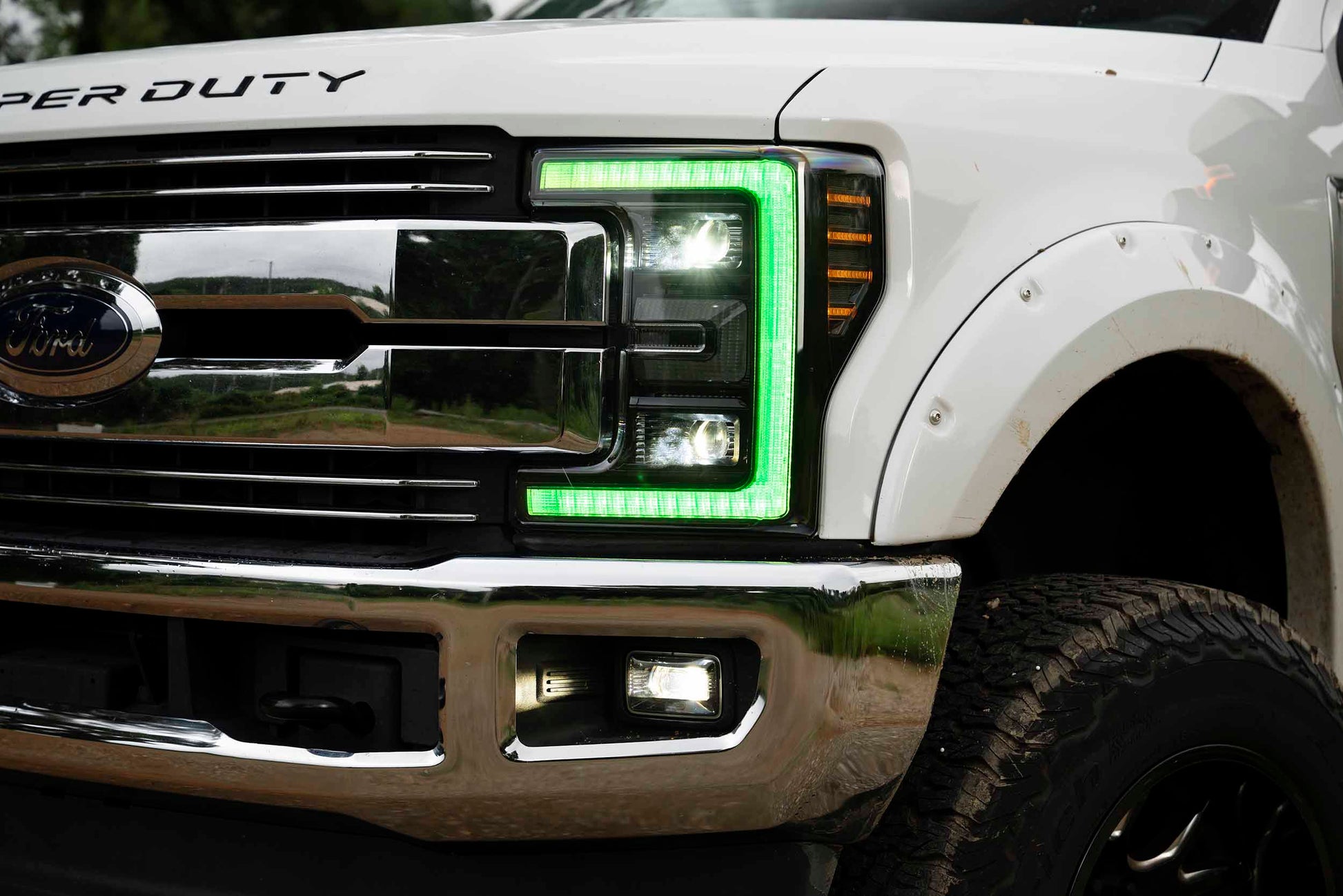 Morimoto LF777 XRGB LED headlights for 2017-2019 Ford Super Duty F250 F350 F450 with RGB DRL with green shown installed