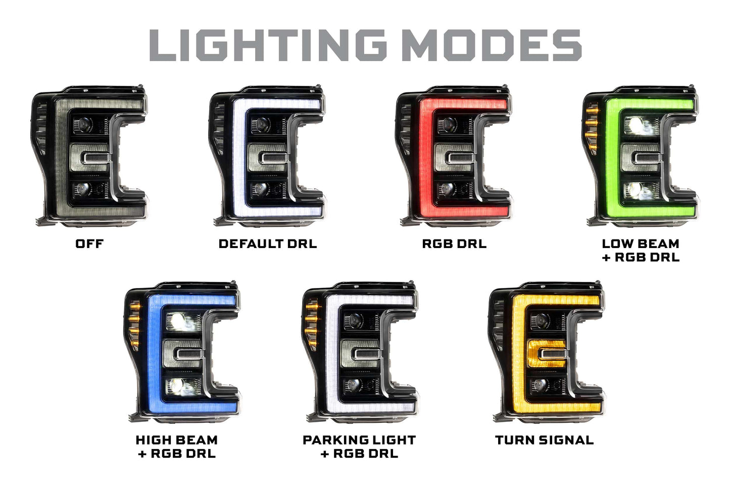 Morimoto LF777 XRGB LED headlights for 2017-2019 Ford Super Duty F250 F350 F450 with RGB DRL different color modes red, green, blue, yellow