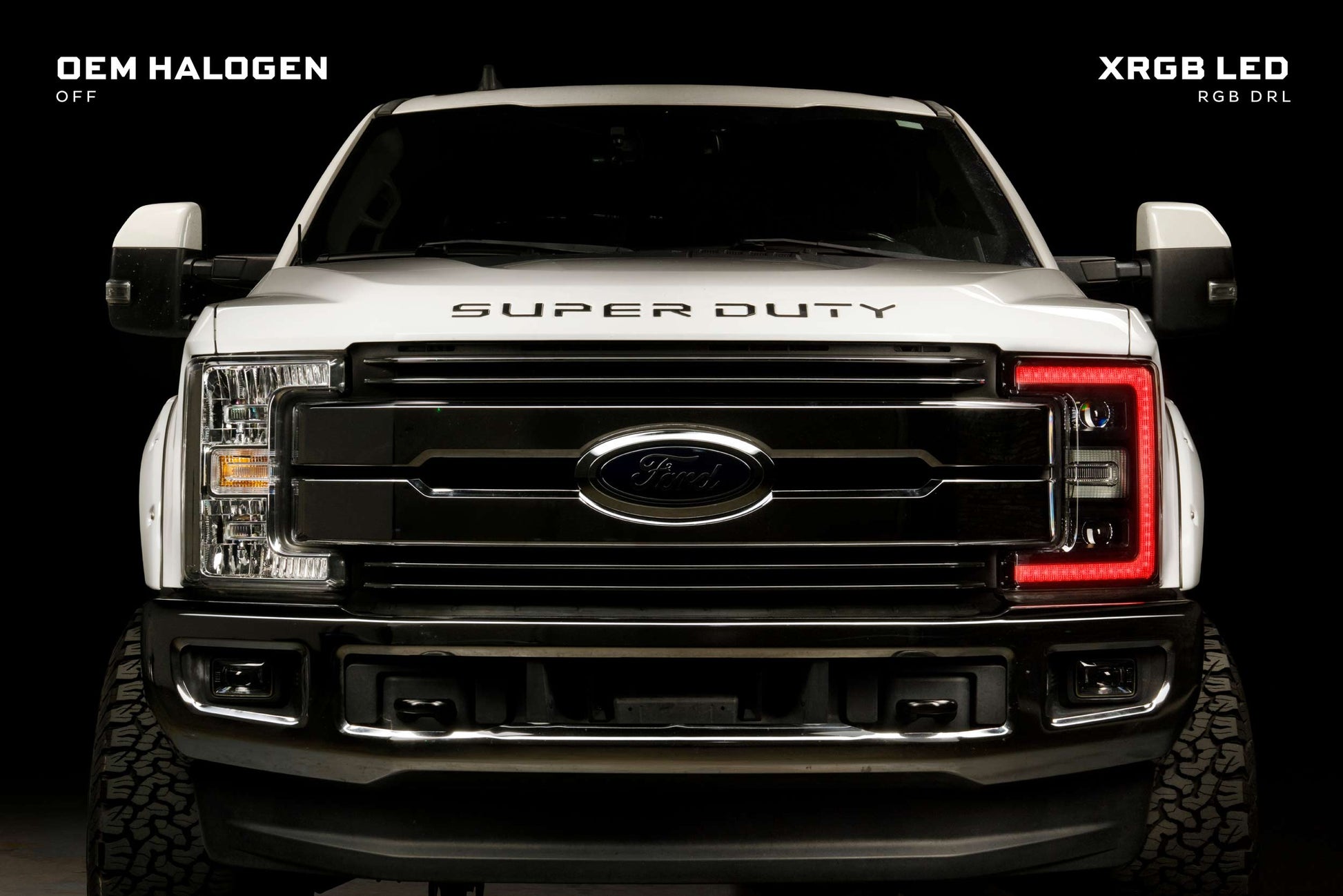 Morimoto LF777 XRGB LED headlights for 2017-2019 Ford Super Duty F250 F350 F450 with RGB DRL compared to stock halogen