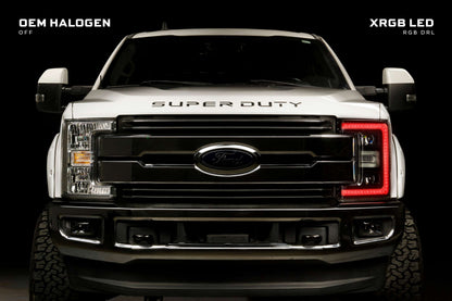 Morimoto LF777 XRGB LED headlights for 2017-2019 Ford Super Duty F250 F350 F450 with RGB DRL compared to stock halogen