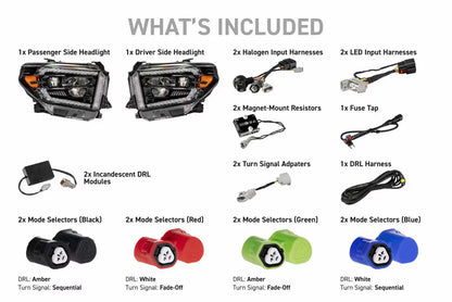 List of included car headlights and accessories with corresponding images on a white background.