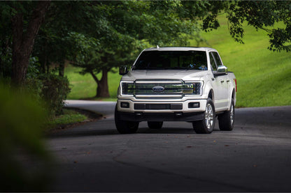 Morimoto XBG17 chrome LED grille with white DRL for 2018-2020 Ford F-150 installed on truck with lights on