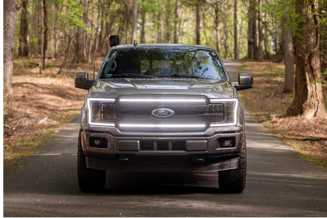 Morimoto XBG17 chrome LED grille with white DRL for 2018-2020 Ford F-150 installed on truck with lights on