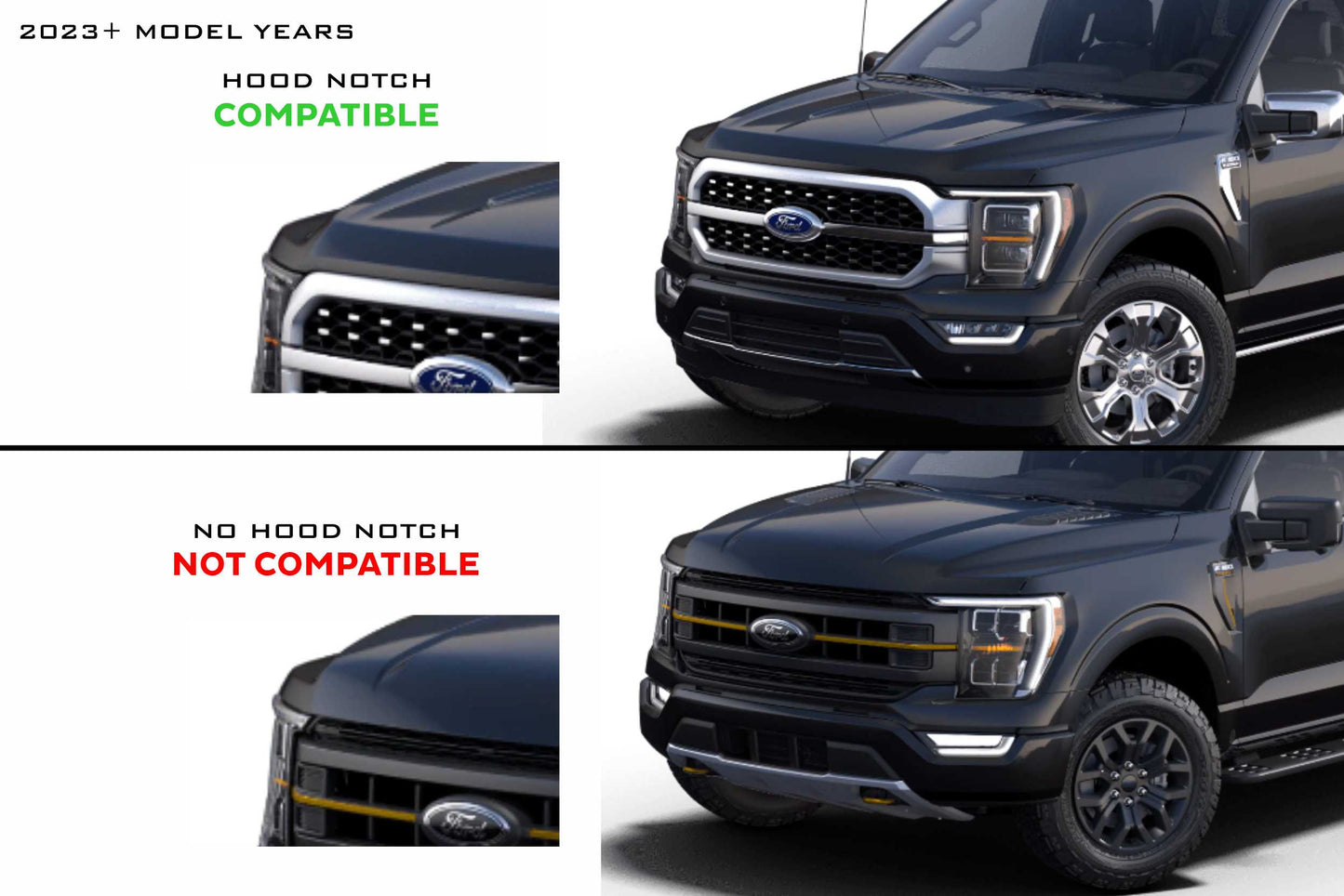 Morimoto XBG23 chrome LED grille with white DRL for 2021-2023 Ford F-150 chart for what hood is not going to fit