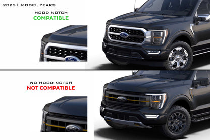 Morimoto XBG23 chrome LED grille with white DRL for 2021-2023 Ford F-150 chart for what hood is not going to fit