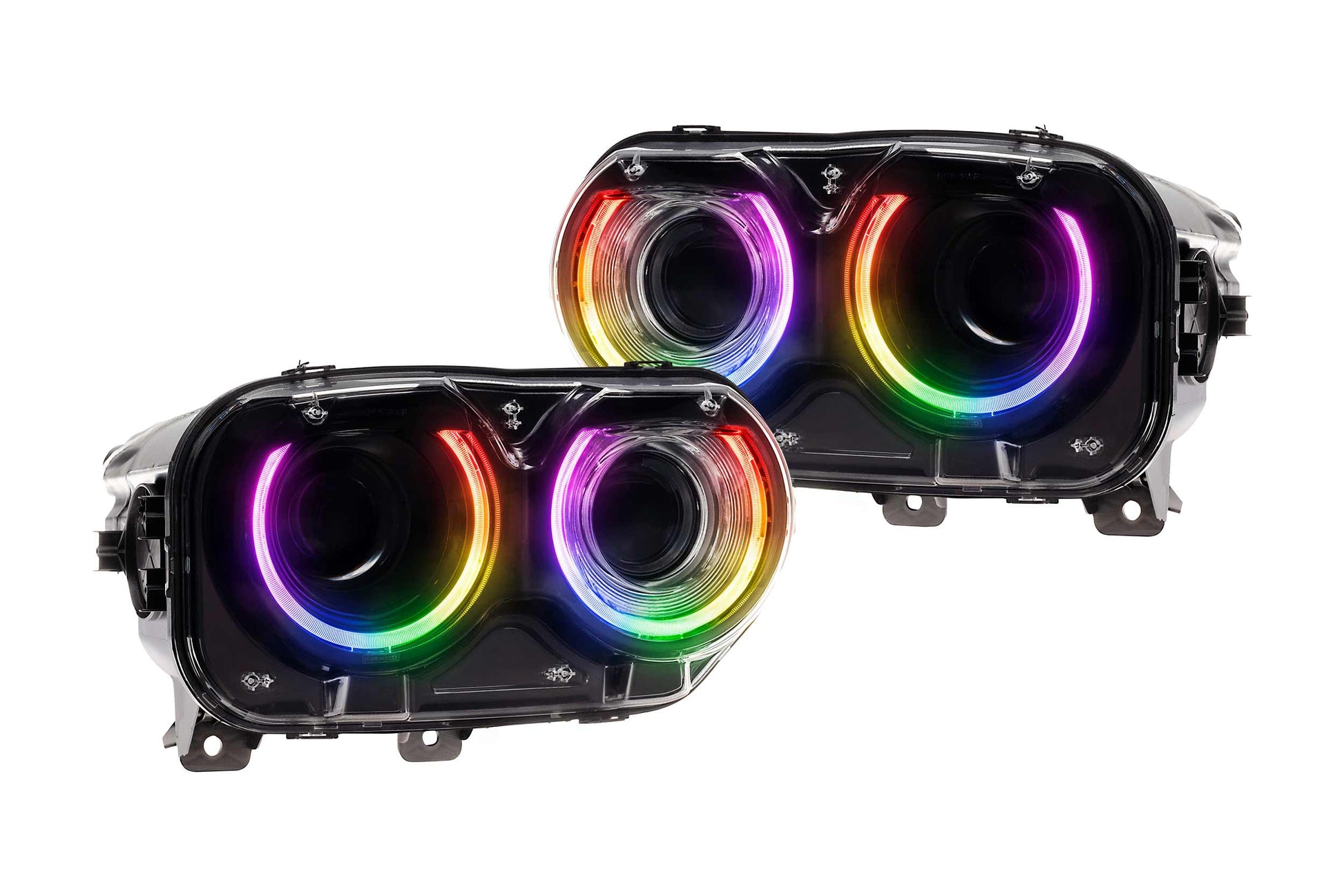 Morimoto XRGB LED headlights LF495 for 2015-2023 Dodge Challenger with customizable multicolor RGB DRLs