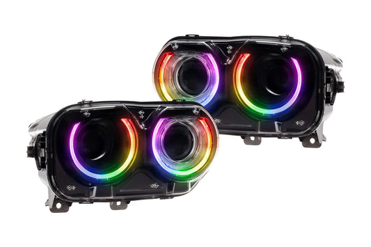 Morimoto XRGB LED headlights LF495 for 2015-2023 Dodge Challenger with customizable multicolor RGB DRLs