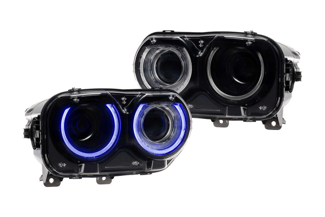 Morimoto XRGB LED headlights LF495 for 2015-2023 Dodge Challenger with customizable multicolor RGB DRLs