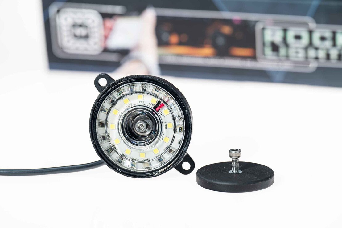 Morimoto XRL05 V2 white LED rock light kit 4 piece universal for trucks jeeps SUVs close up what it actually looks like