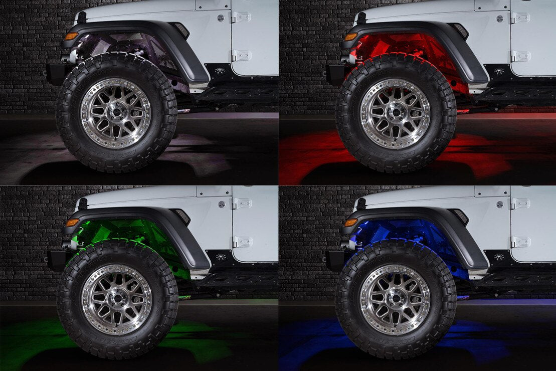 Morimoto XRL25 RGB rock light kit 6 piece Bluetooth color changing LED for trucks jeeps SUVs showing multi colors in blue, red, green, white