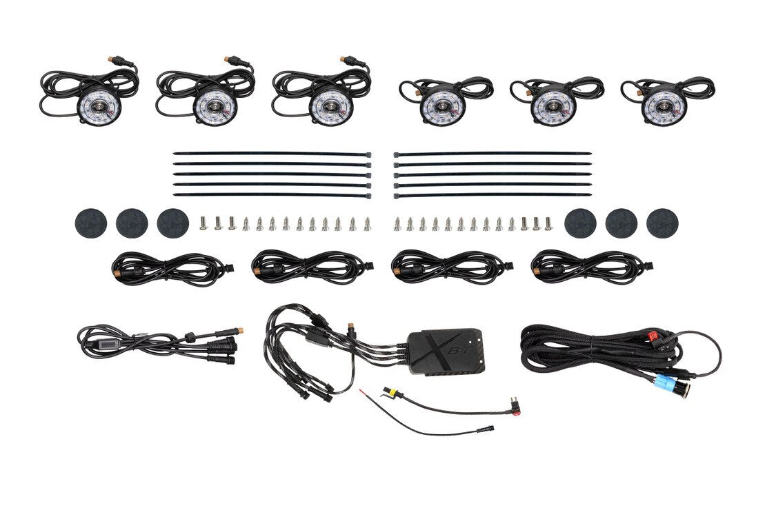 Morimoto XRL25 RGB rock light kit 6 piece Bluetooth color changing LED for trucks jeeps SUVs full kit showing what is included in kit