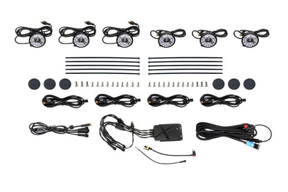 Morimoto XRL25 RGB rock light kit 6 piece Bluetooth color changing LED for trucks jeeps SUVs full kit showing what is included in kit