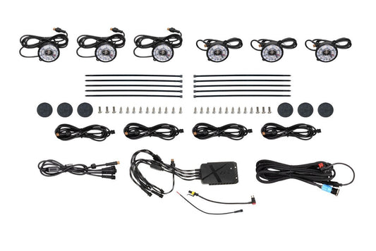 Morimoto XRL25 RGB rock light kit 6 piece Bluetooth color changing LED for trucks jeeps SUVs full kit showing what is included in kit