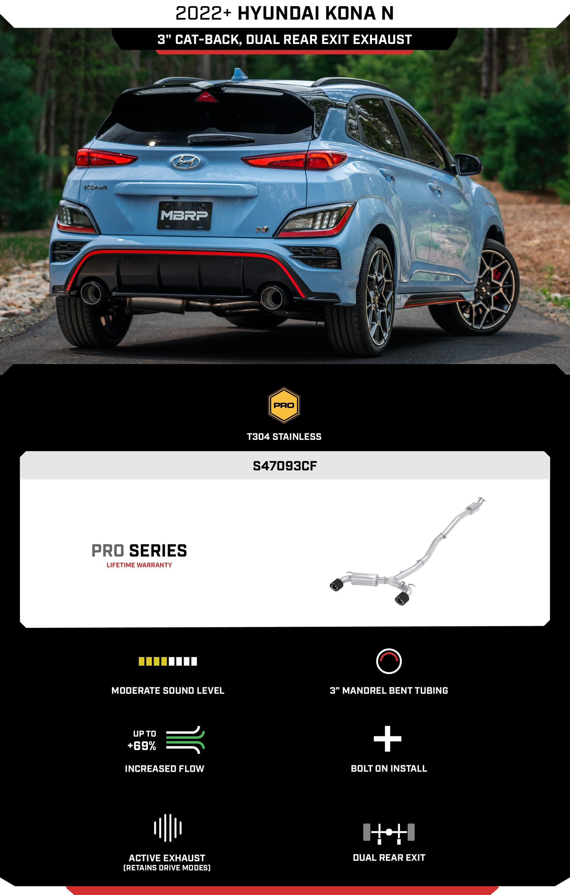 MBRP 3" Cat-Back, 2022-2023 Hyundai Kona N 2.0L Turbo, Dual Rear w/ Carbon Fiber Tips, T304 Stainless Steel MBRP