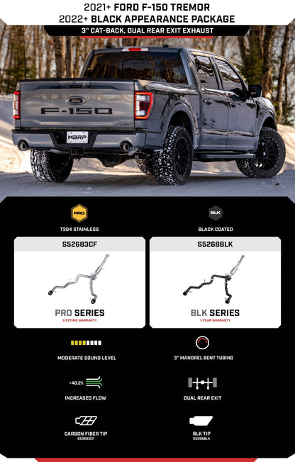 MBRP 3" Cat-Back, Dual Split Rear, 2021-2023 Ford F-150 / F-150 Tremor 3.5L EcoBoost, 5.0L, Aluminized Steel w/ Black Tips MBRP