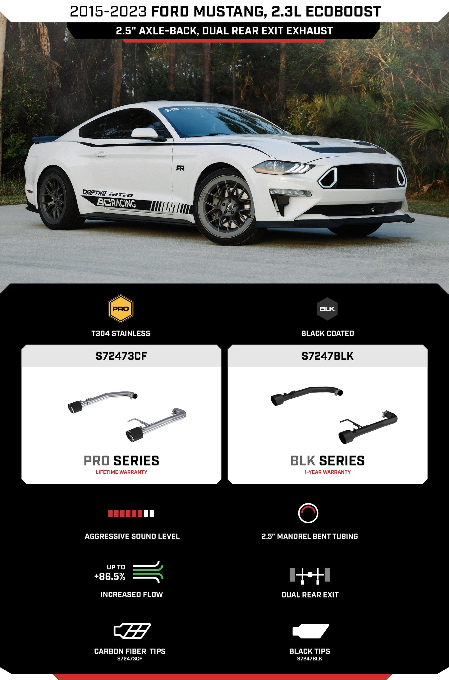 MBRP 2.5" Axle-Back, 2015-2023 Ford Mustang 2.3L EcoBoost, Dual Rear Exit w/ Carbon Fiber Tips, T304 Stainless Steel MBRP