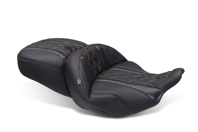 Mustang 89411MO Super Touring Seat Deluxe Diamond Black with Mandarin Orange Stitch for Harley Touring