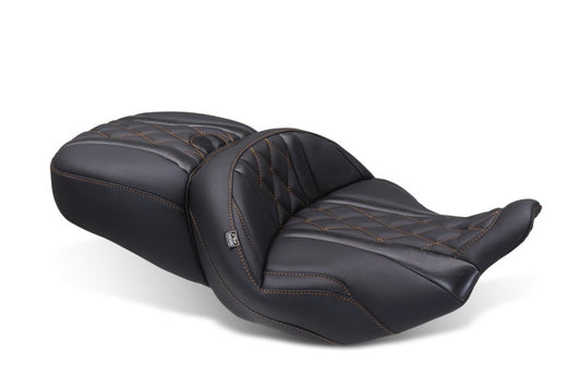 Mustang 89411MO Super Touring Seat Deluxe Diamond Black with Mandarin Orange Stitch for Harley Touring