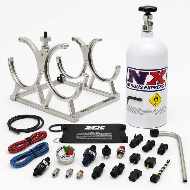 Nitrous Express nitrous oxide bottle with mounting brackets, bottle heater, pressure gauge and plumbing fittings.