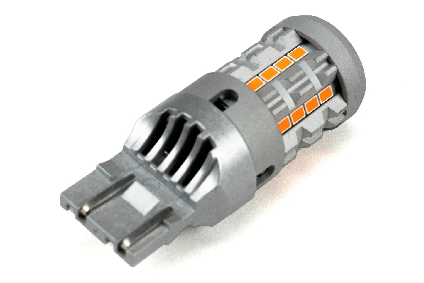 Car LED bulb with metallic casing and orange LED lights on a white background