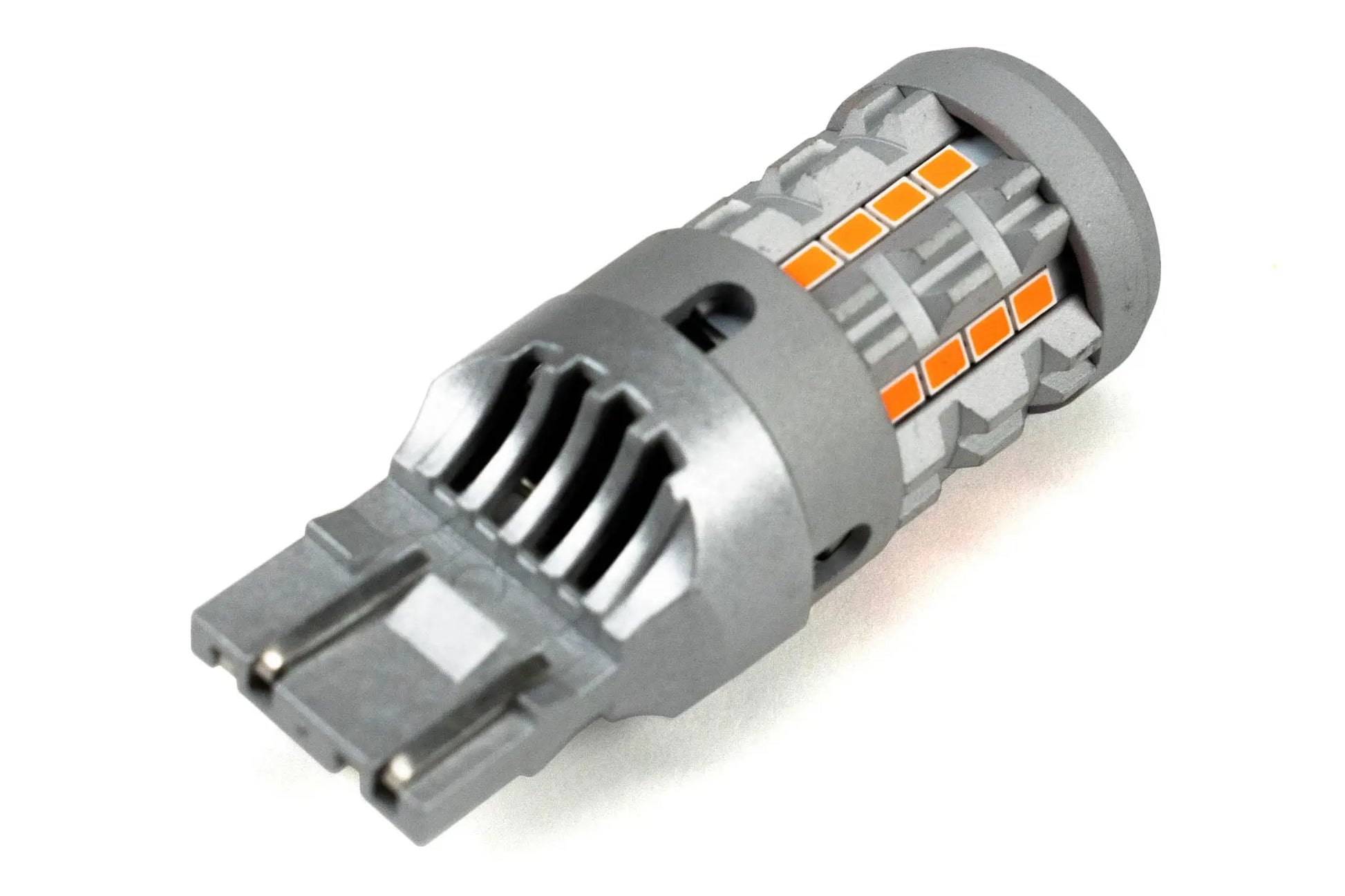Car LED bulb with metallic casing and orange LED lights on a white background