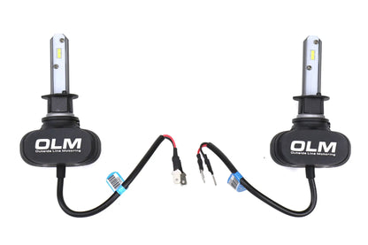 Two OLM LED light bulbs with connectors on a white background