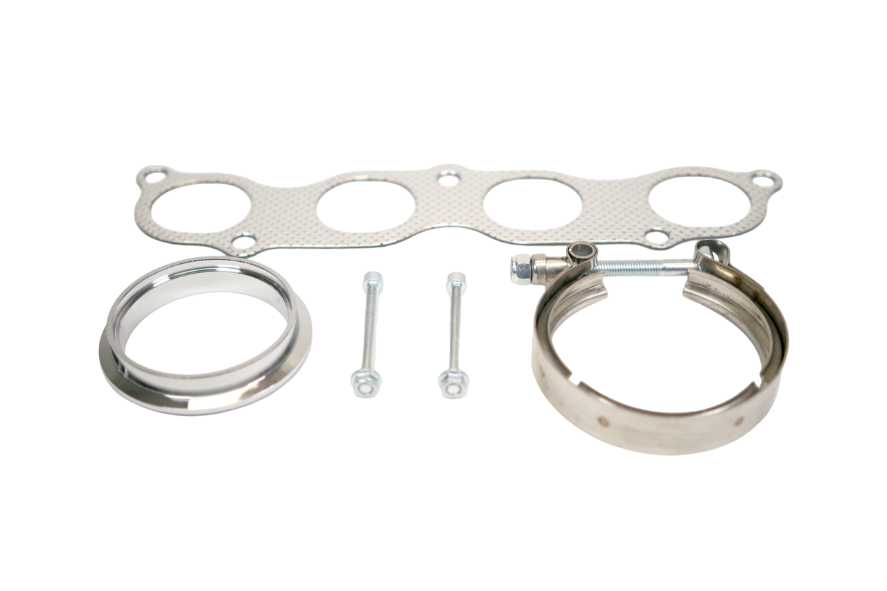 PLM K20/K24 K-Swap Mega 3" V-Band Header for 1992-2000 Civic EG EK & 1994-2001 Integra DC2 - PLM-HK20-V3-HEADER-MEGA-VB image shows what is included in get, clamps, gasket, bolts
