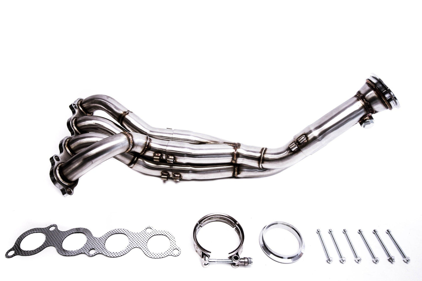 PLM K24/K20 3" V-Band Tri-Y Header for 2002-2006 Acura RSX & 2002-2005 Civic Si EP3 - PLM-HDC5-K24-HDR-3VB money shot showing header, collector, gaskets, clamps and bolts included in kit
