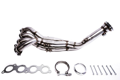 PLM K24/K20 3" V-Band Tri-Y Header for 2002-2006 Acura RSX & 2002-2005 Civic Si EP3 - PLM-HDC5-K24-HDR-3VB money shot showing header, collector, gaskets, clamps and bolts included in kit