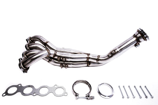 PLM K24/K20 3" V-Band Tri-Y Header for 2002-2006 Acura RSX & 2002-2005 Civic Si EP3 - PLM-HDC5-K24-HDR-3VB money shot showing header, collector, gaskets, clamps and bolts included in kit
