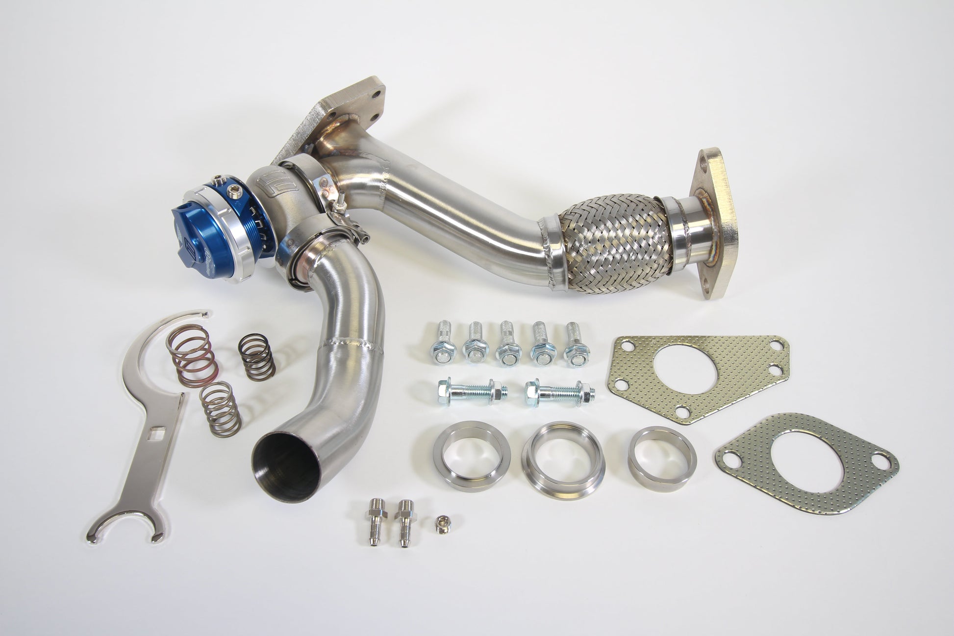 PLM Subaru EWG up pipe with Turbosmart WG40 38mm external wastegate stainless steel blue