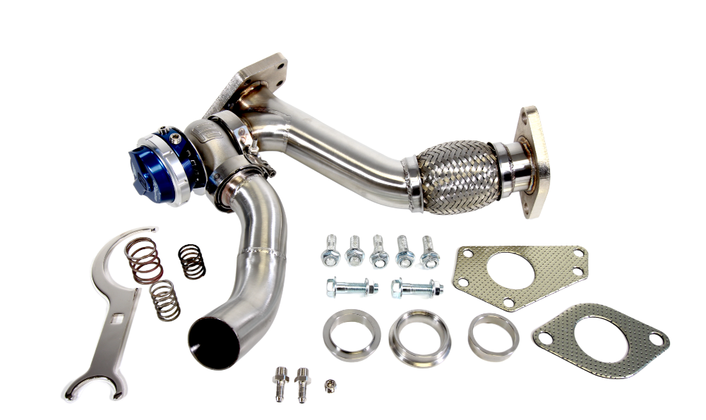 PLM Subaru EWG up pipe with Turbosmart WG40 38mm external wastegate stainless steel blue