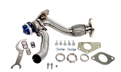 PLM Subaru EWG up pipe with Turbosmart WG40 38mm external wastegate stainless steel blue