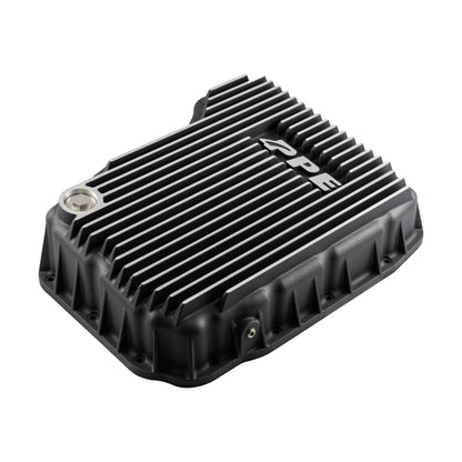 PPE heavy duty aluminum transmission pan for 2007-2024 Ram 2500 3500 6.7L Cummins 68RFE 228052110 side angled view