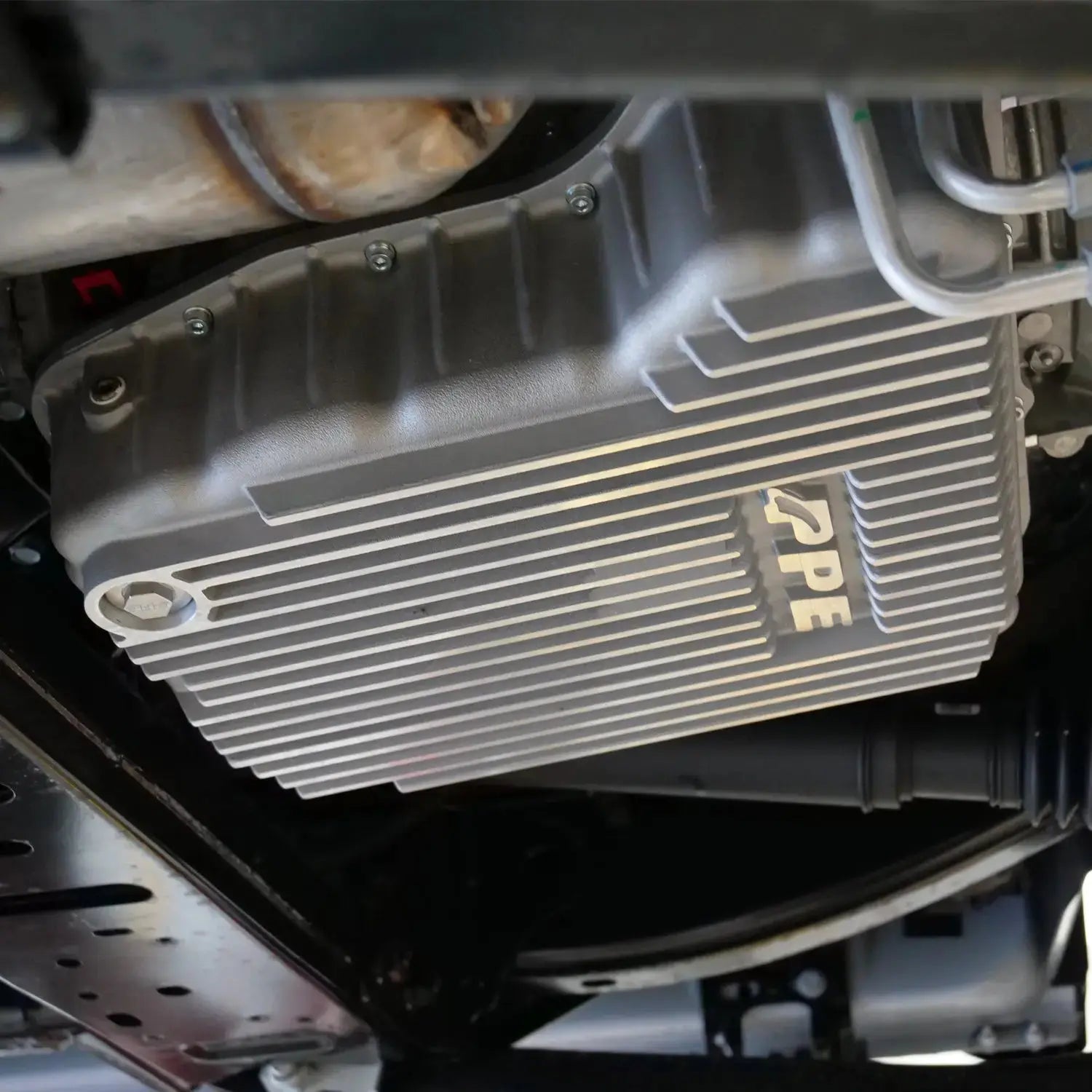 PPE heavy duty aluminum transmission pan for 2007-2024 Ram 2500 3500 6.7L Cummins 68RFE 228052110 image of pan installed