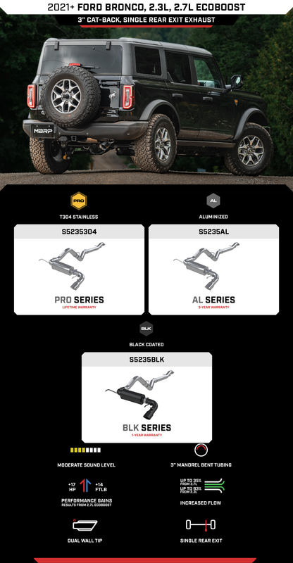 MBRP 2021+ Ford Bronco 2.3L/2.7L EcoBoost 3in Black Aluminized Catback Exhaust S5235BLK MBRP