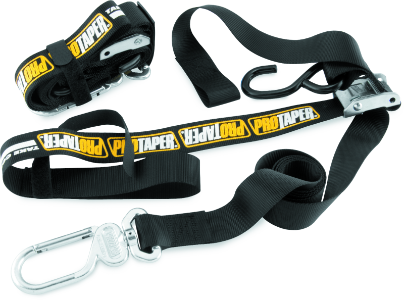 ProTaper 022819 universal black tie-down straps pair with cambuckle and S-hook swivel carabiner