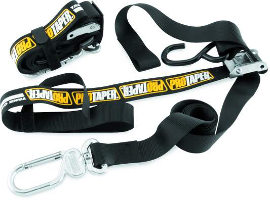 ProTaper 022819 universal black tie-down straps pair with cambuckle and S-hook swivel carabiner