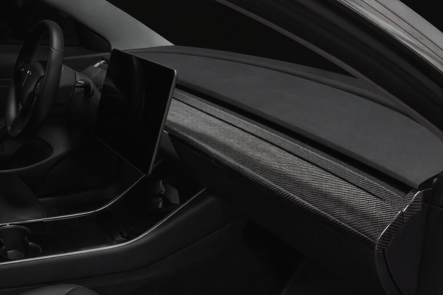 Revel GT dry carbon dash panel front center overlay for 2017-2022 Tesla Model 3 AWD and RWD with gloss UV coated finish - 1TR4GT1AX02