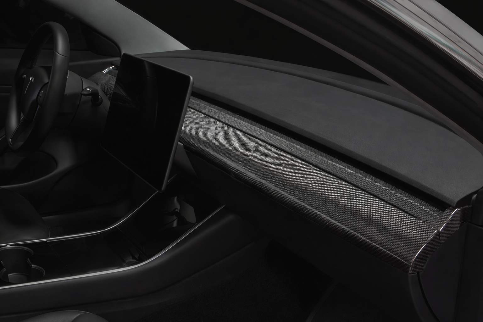 Revel GT dry carbon dash panel front center overlay for 2017-2022 Tesla Model 3 AWD and RWD with gloss UV coated finish - 1TR4GT1AX02