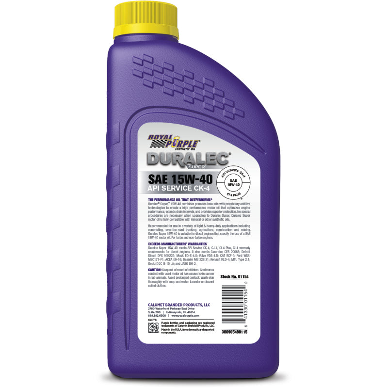 Royal Purple Duralec Super Synthetic Diesel Motor Oil 15W-40, 6 x 1-quart case, part number 06154