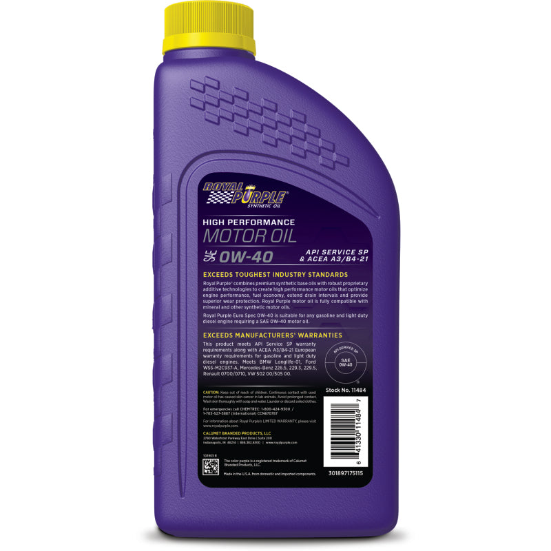 Royal Purple High Performance European Formula Synthetic Motor Oil 0W-40, 6 x 1-quart case, part number 06484